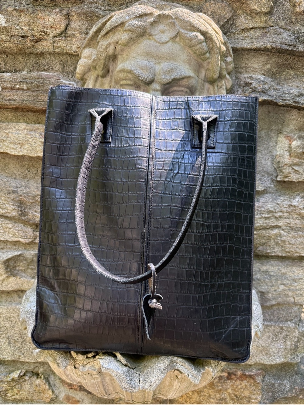 Jane & Marie Black Croc Embossed Leather Tote XL Tall Work Laptop Carryall Bag